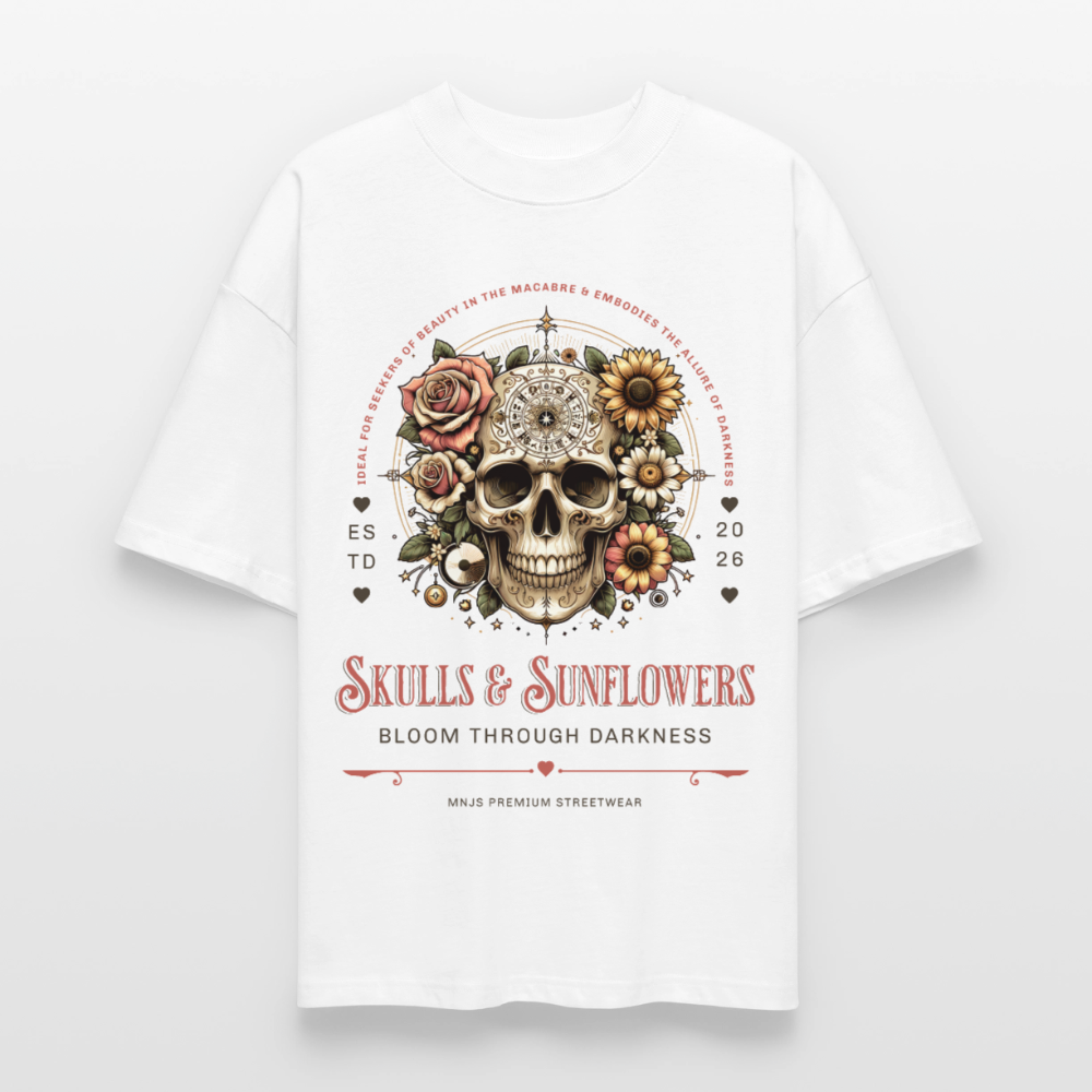 Skulls & Sunflowers Design – Oversized Unisex Bio T-Shirt - Weiß