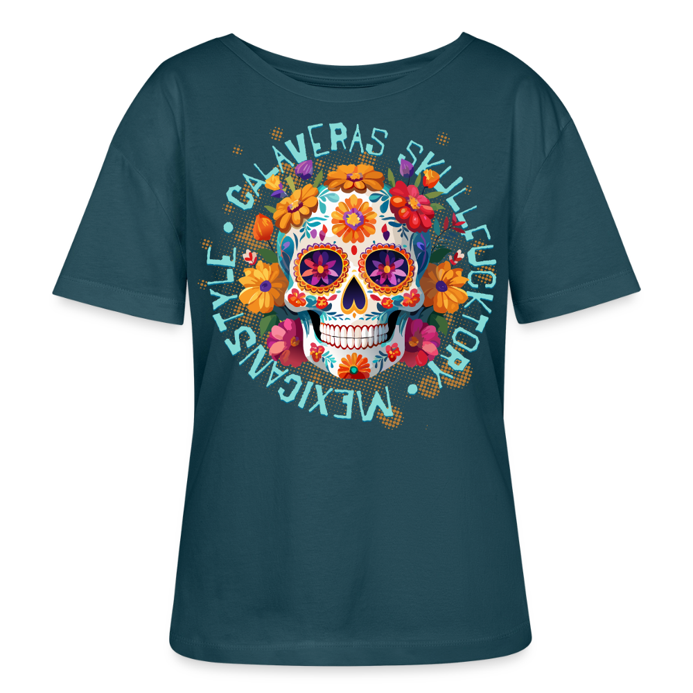 Sugar Skull Blumen Design – Relaxed Rundhals Frauen Bio-T-Shirt - Dunkles Petrol